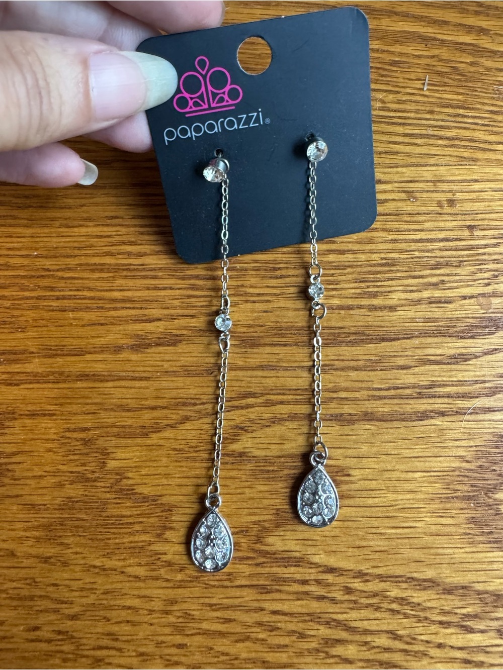 Paparazzi Silver Crystal Teardrop Chain Earrings